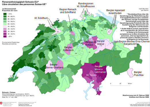 Schweizer Karte mit der Abstimmung �ber
                          die Personenfreiz�gigkeit am 8.2.2009 gem�ss
                          Bezirken mit 59,6% Ja
