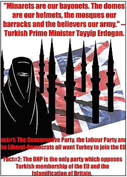 Minarettplakat der englischen
              Partei BNP mit Erdogan-Zitat