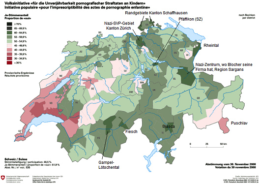 Karte der Schweiz mit dem Resultat der
                            Initiative f�r die Unverj�hrbarkeit von
                            sexuellem Kindsmissbrauch gem�ss Bezirken