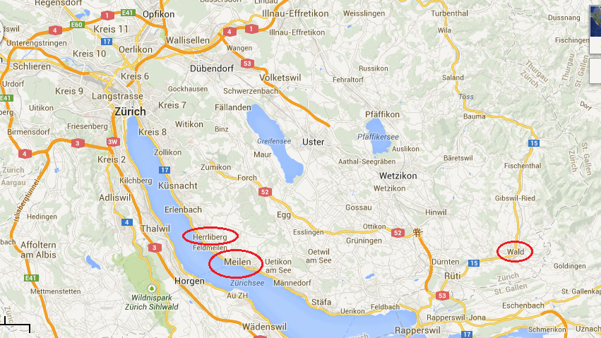 Karte mit Z�rich, Herrliberg, Meilen und
                    Wald