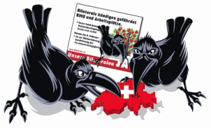 Plakat SVP 2008,
                              Personenfreiz�gigkeit mit Rum�nien und
                              Bulgarien, Raben fressen Schweiz auf