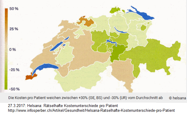 Schweizer Karte:
                    Helsana-Statistik mit den Behandlungskosten pro
                    Patient: In Basel und Genf kosten sie am meisten, in
                    Uri und Schaffhausen am wenigsten.