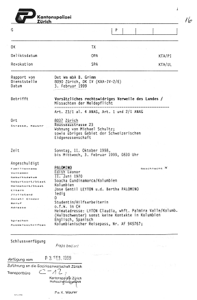 Kriminelles Bundesamt f�r
                            Ausl�nderfragen 3.2.1999: Abholungsbefehl
                            gegen Edith Palomino