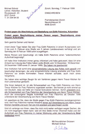 Kriminelles Bundesamt f�r
                            Ausl�nderfragen 7.2.1999, Protestschreiben
                            von Michael Palomino (damals Michael Schulz)
                            gegen die Ausschaffung von Edith Palomino