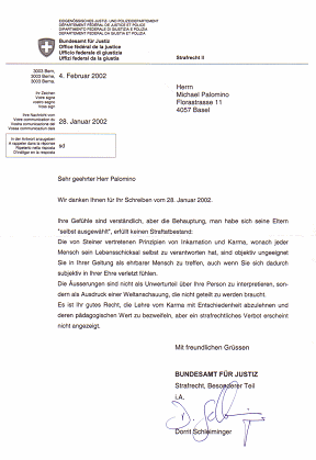 Kriminelles Bundesamt f�r Justiz l�sst
                            die Behauptung zu, dass Kinder sich die
                            Eltern selbst ausgew�hlt h�tten, Brief vom
                            4. Februar 2002