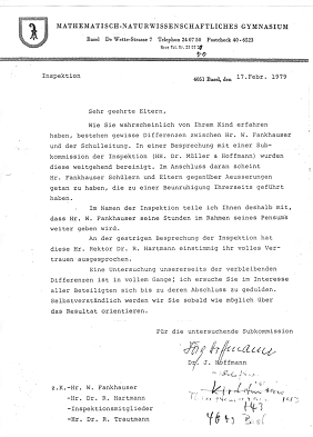 Brief der Inspektion des kriminellen
                            MNG Basel vom 17. Februar 1979 wegen dem
                            Militaristenlehrer Fankhauser