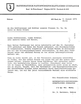 Brief von Rektor Dr. Rolf Hartmann vom
                            kriminellen MNG Basel am 9. August 1979 mit
                            der Mitteilung, dass der Militaristenlehrer
                            Fankhauser nicht mehr unterrichtet