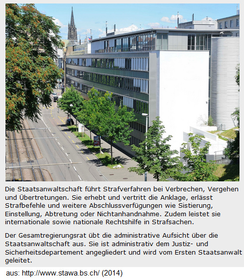 Das Geb�ude der
                                    Staatsanwaltschaft Basel-Stadt an
                                    der Binningerstrasse 21, wo der
                                    falscher Erste Staatsanwalt Thomas
                                    Hug als Doppel-Mafioso 1994-2010
                                    "gewirkt" hat...